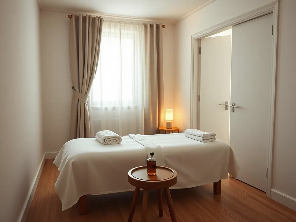 An empty treatment room, the bed made up in white with folded towels on it, a linen curtain half drawn across the window and one warm lamp lit.