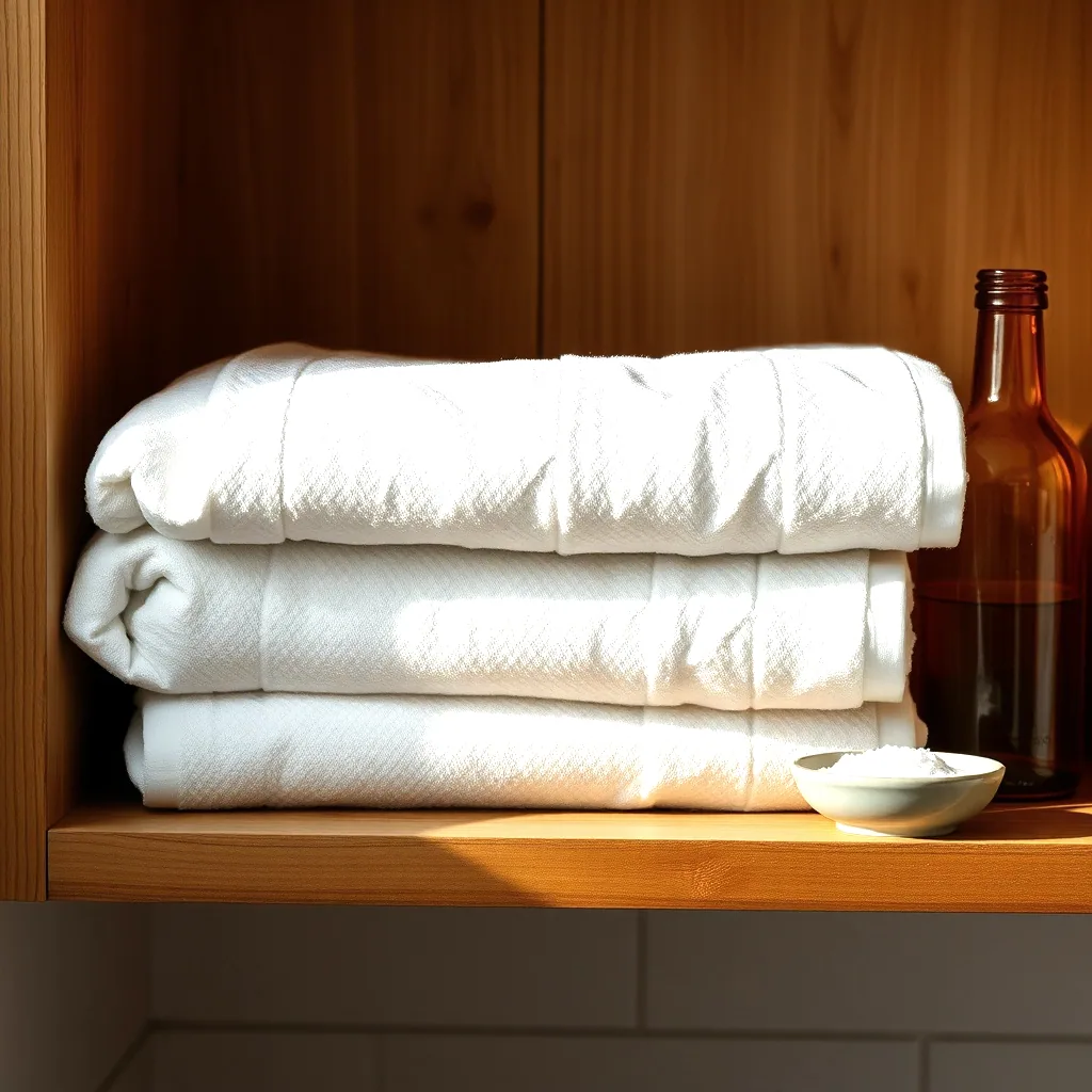 Three folded white towels stacked on a wooden shelf beside an amber glass bottle and a small dish of salt.