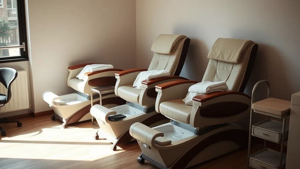 Three pedicure chairs in a row along a wall, basins filled and folded towels laid over the arms, afternoon light across the floor.