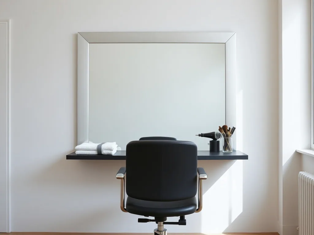 A single styling station, an empty chair in front of a plain mirror with a folded towel, a hair dryer and a jar of brushes on the shelf.